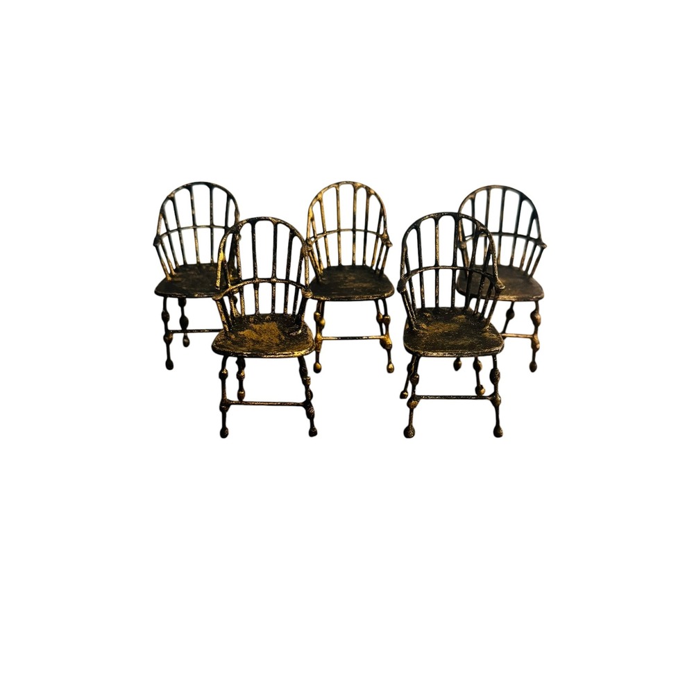 Vintage Miniature Metal Windsor Chairs Set of 5 Black Gold Dollhouse Furniture